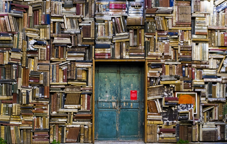 Wall Covered in Books with Small Blue Door in the middle
